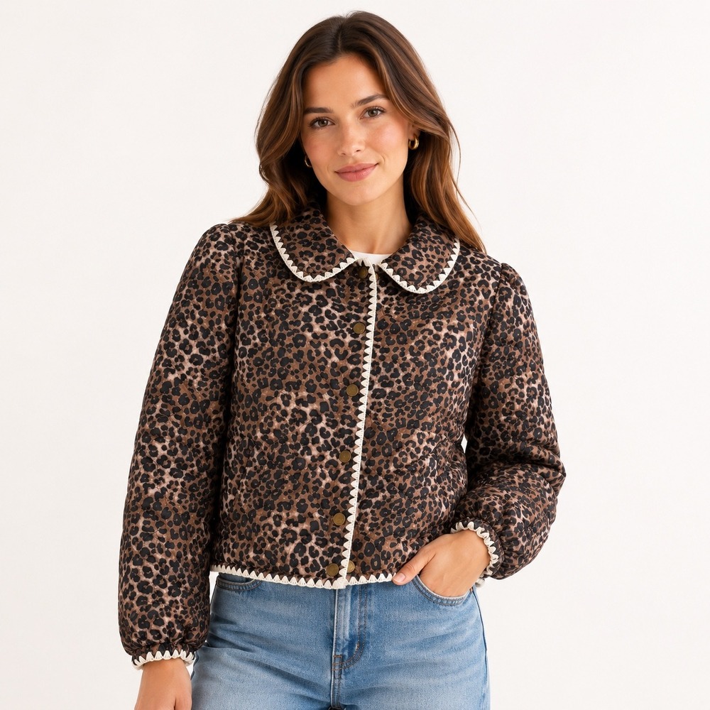 &merci Leopard Print Quilted Jacket with Crochet Trim Peter Pan Collar Brown‎ M